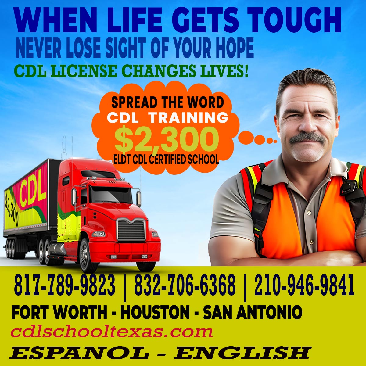 CDL School San Antonio: Image show  Phones, Motivational Message, Location, URL, training languages