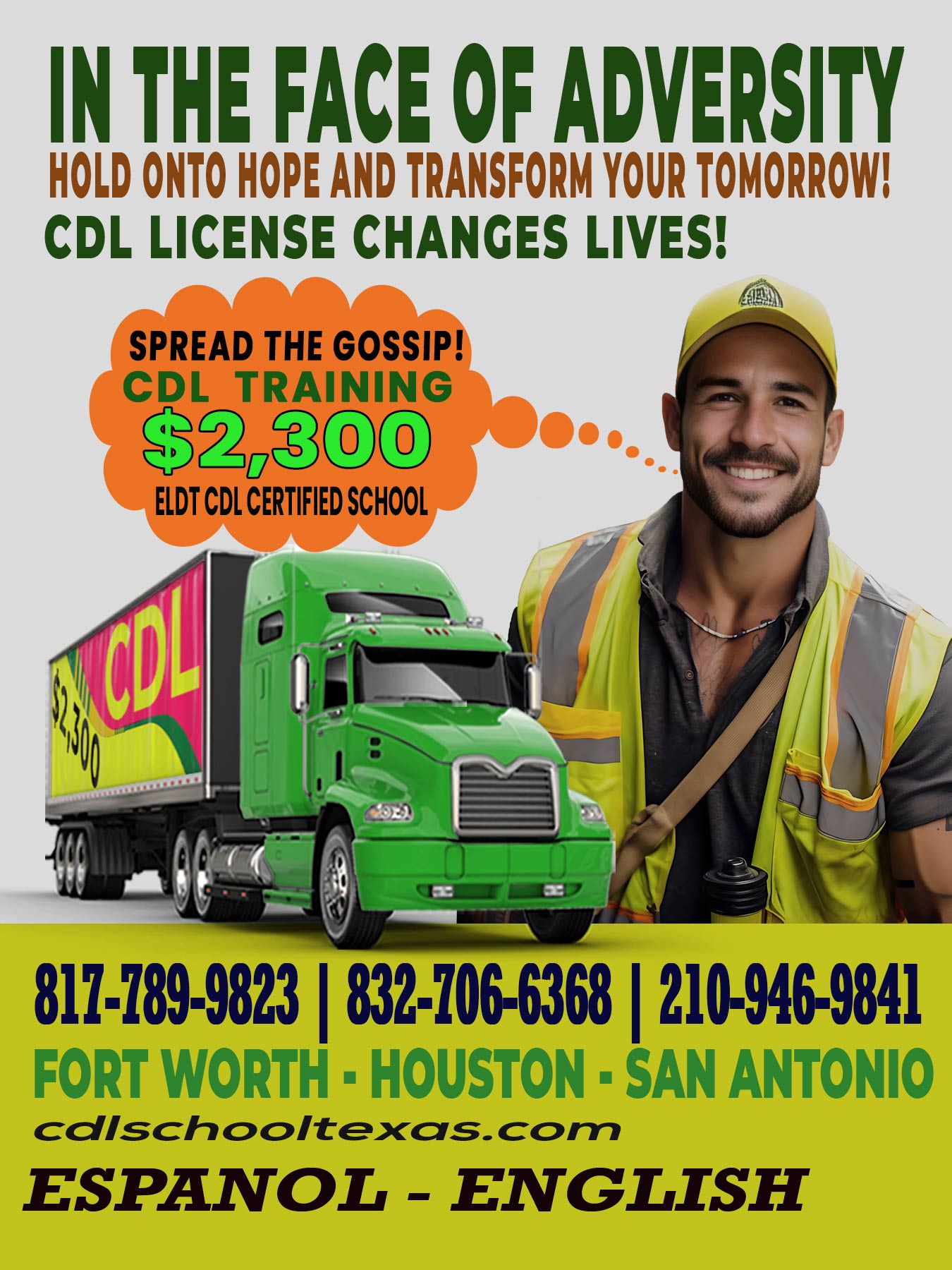 CDL training Killeen TX: Your Road to Success! And the following information: Services: CDL Training, Job Placement Locations: Pasadena, Houston, San Antonio, Fort Worth. Motivational Message: Unlock Your Potential! Training Image: Get Ready to Learn Truck: Your Vehicle to a Brighter Future