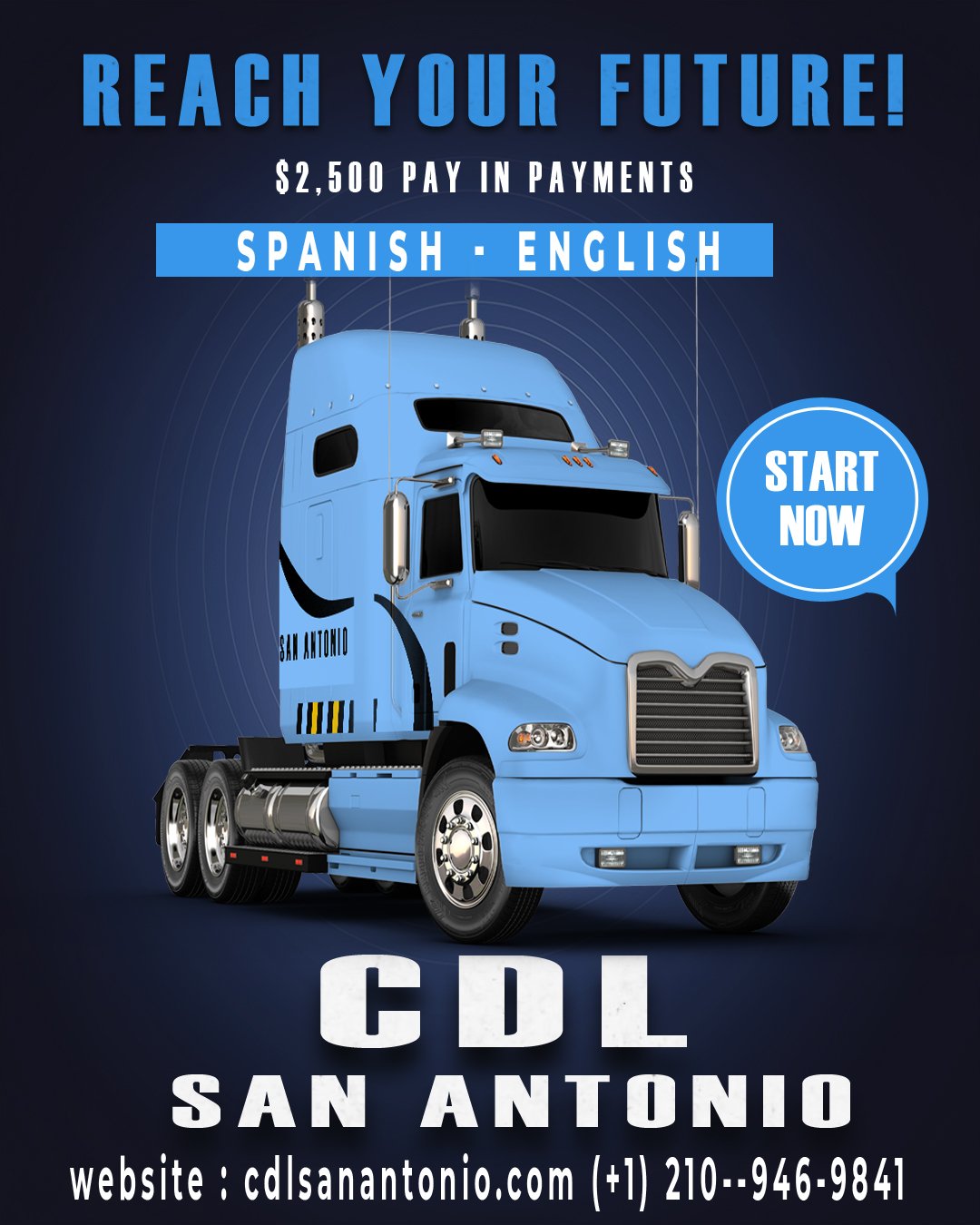 CDL training in Houston TX this is a banner that show services, phones for CDL school Dallas Texas