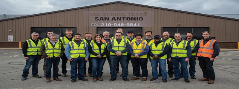 Large group of successful graduates and instructors in safety vests standing in front of CDL School Texas San Antonio facility.