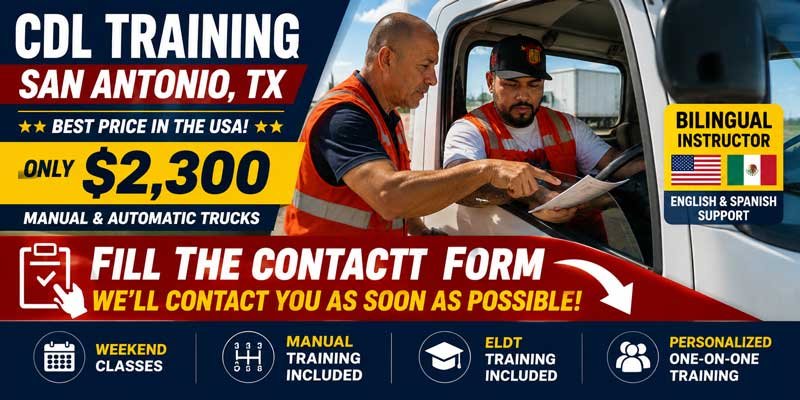 Large group of successful graduates and instructors in safety vests standing in front of CDL School Texas San Antonio facility.