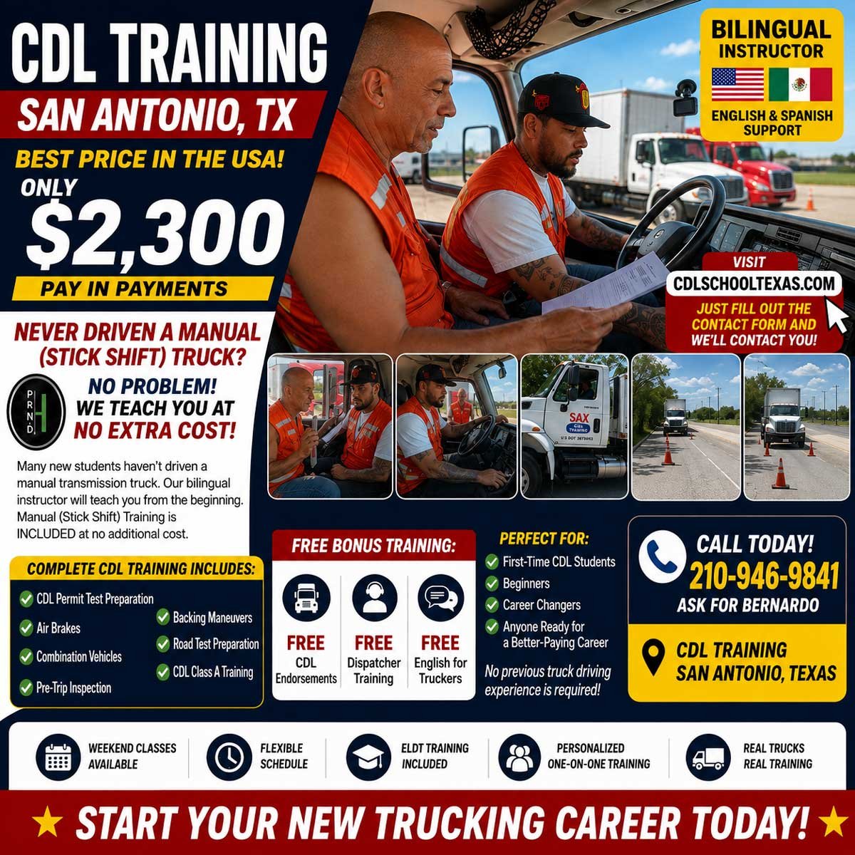 CDL training in Arlington, Texas with a bilingual instructor, manual (stick shift) and automatic truck training, weekend classes, ELDT included, and flexible payment plans for only $2,300.