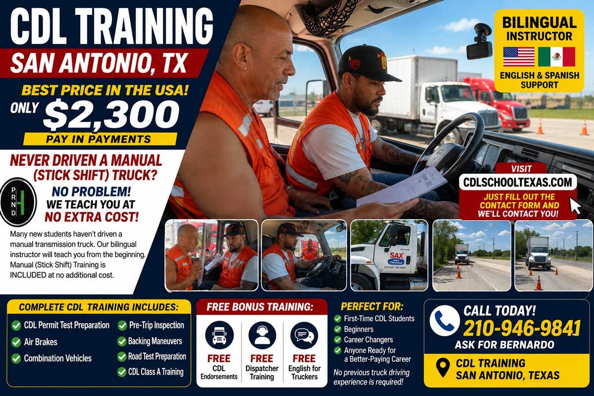 Professional CDL training in Houston, Texas with experienced bilingual instructors. Learn to drive manual (stick shift) and automatic trucks. FMCSA ELDT training, weekend classes, English CDL test preparation, and flexible payment plans starting at only $2,300